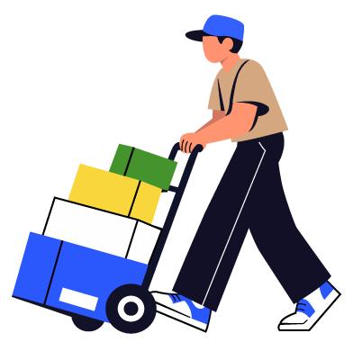 Delivery Worker Pushing Package Cart Illustration, flat style, for logistics, free illustration