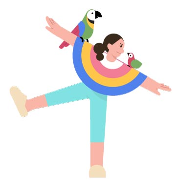 Playful Woman with Tropical Birds, flat style, for travel-lifestyle, free illustration