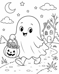 Happy ghost on Halloween night free coloring page