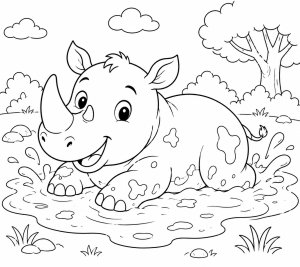 Happy rhino in a muddy puddle free coloring page