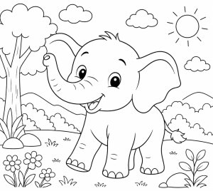Happy baby elephant in nature free coloring page