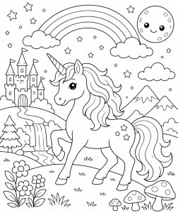 Magical unicorn in a fantasy landscape free coloring page