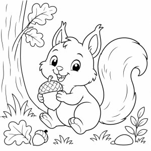 Happy squirrel with acorn in park free coloring page
