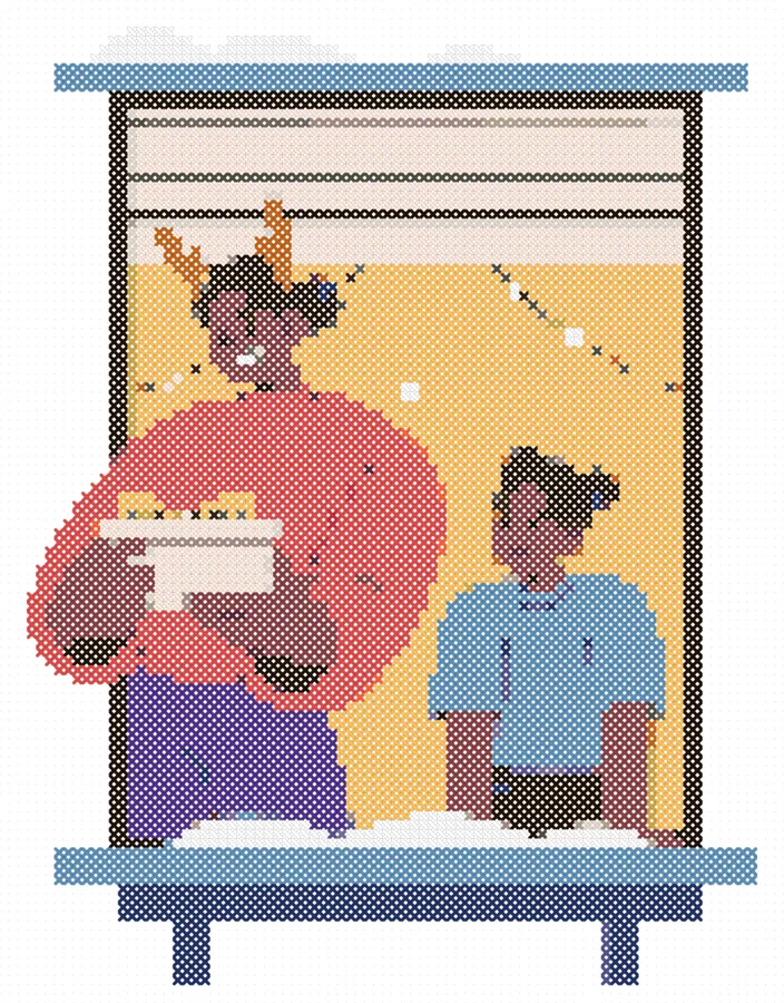 Christmas Family at the Window cross stitch pattern, stitched preview