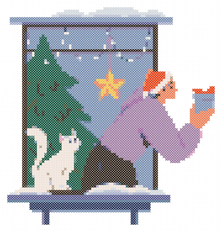 Christmas Gift at the Window cross stitch pattern, stitched preview