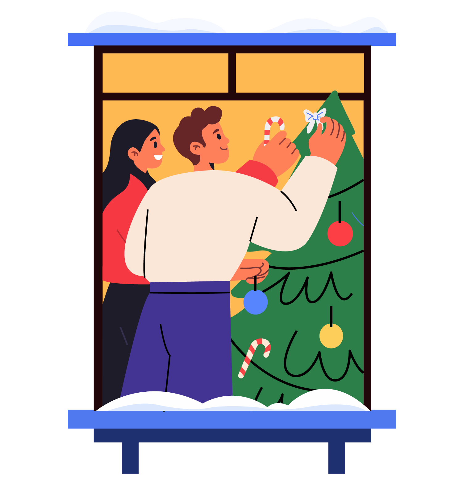 Family Decorating Christmas Tree, flat style, for christmas, free illustration