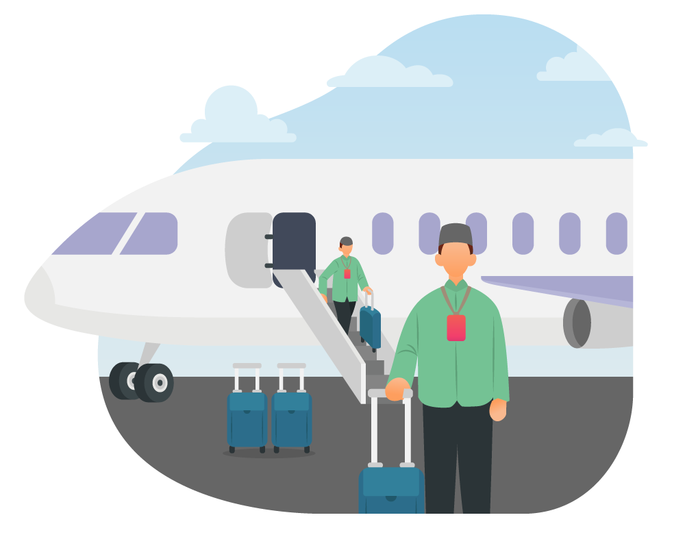 Hajj and Umrah Pilgrims at Airport, flat style, for travel-lifestyle, free illustration