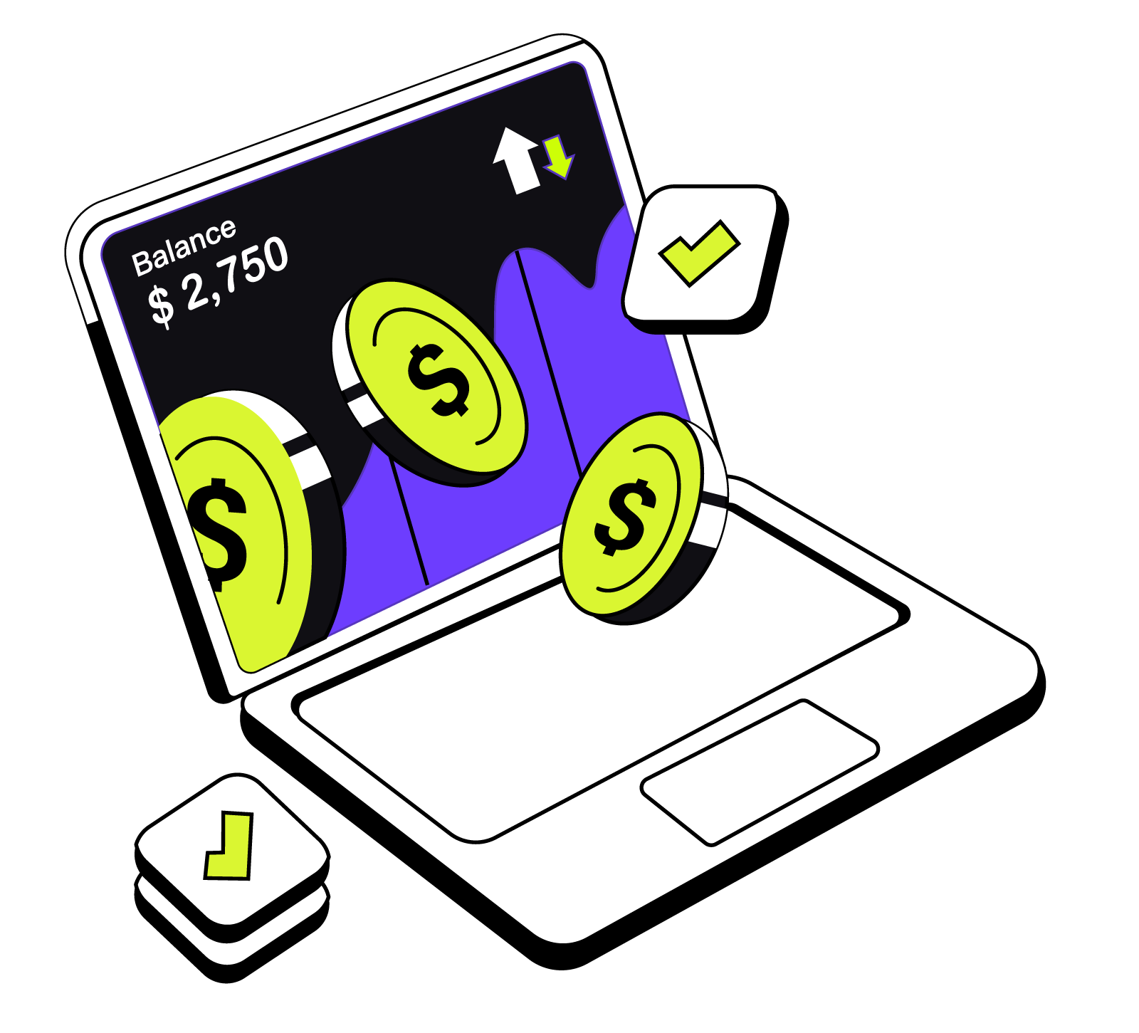 Laptop Digital Banking Balance and Payment Illustration, flat style, for fintech, free illustration