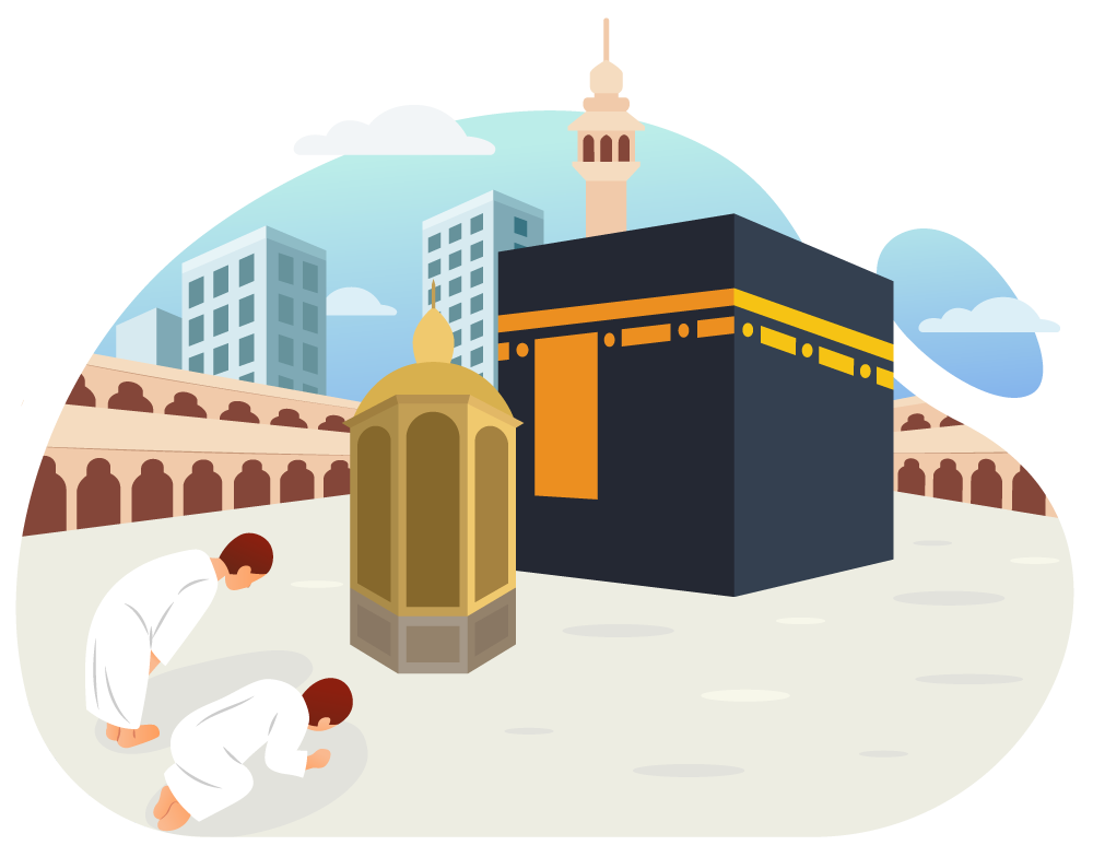 Muslim Pilgrims Praying at the Kaaba, flat style, for travel-lifestyle, free illustration