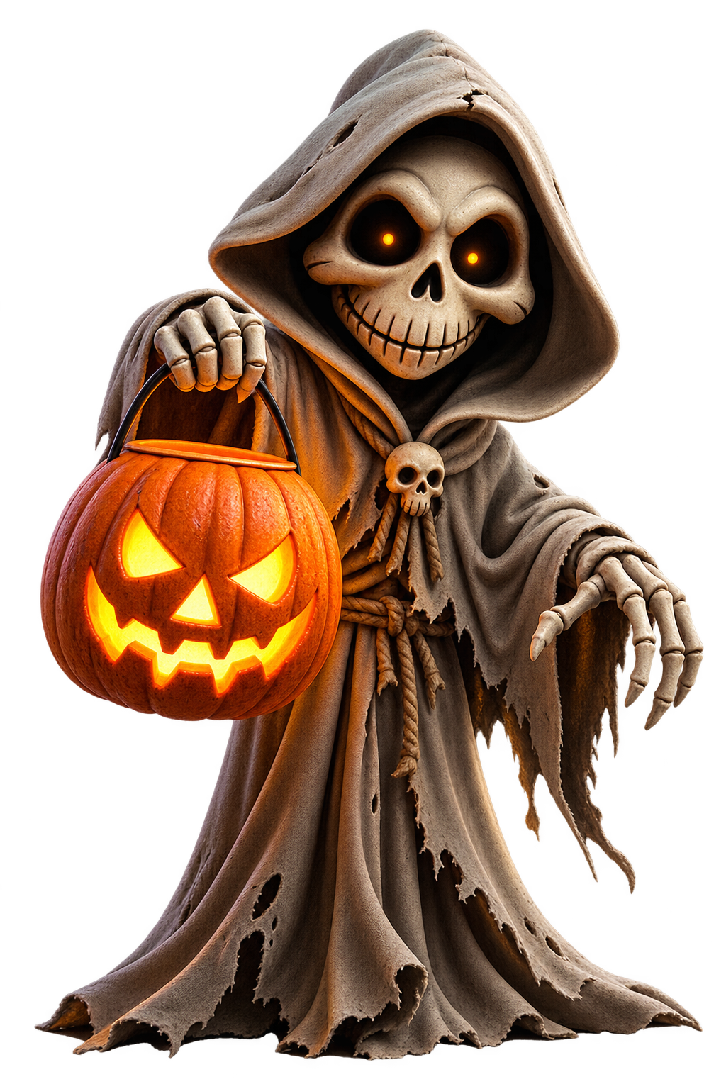 Hooded Skeleton with Glowing Jack-o’-Lantern