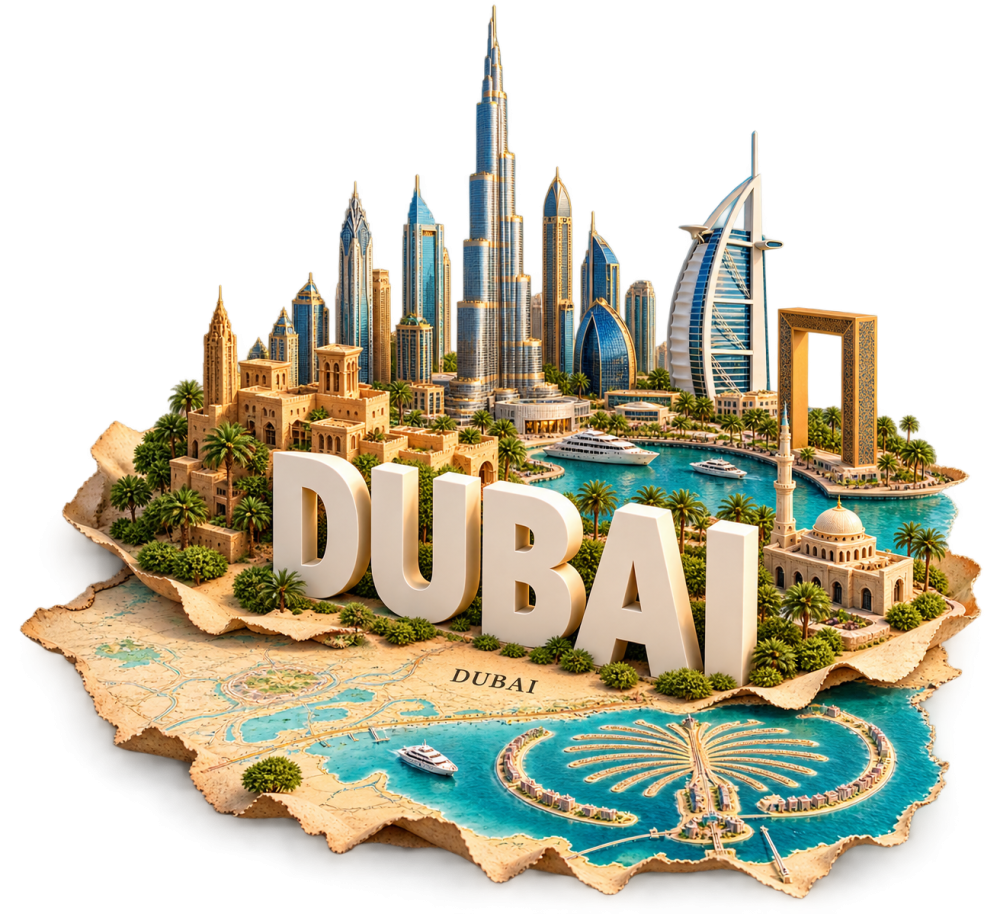 Dubai Travel 3D Miniature Diorama with Famous Landmarks PNG