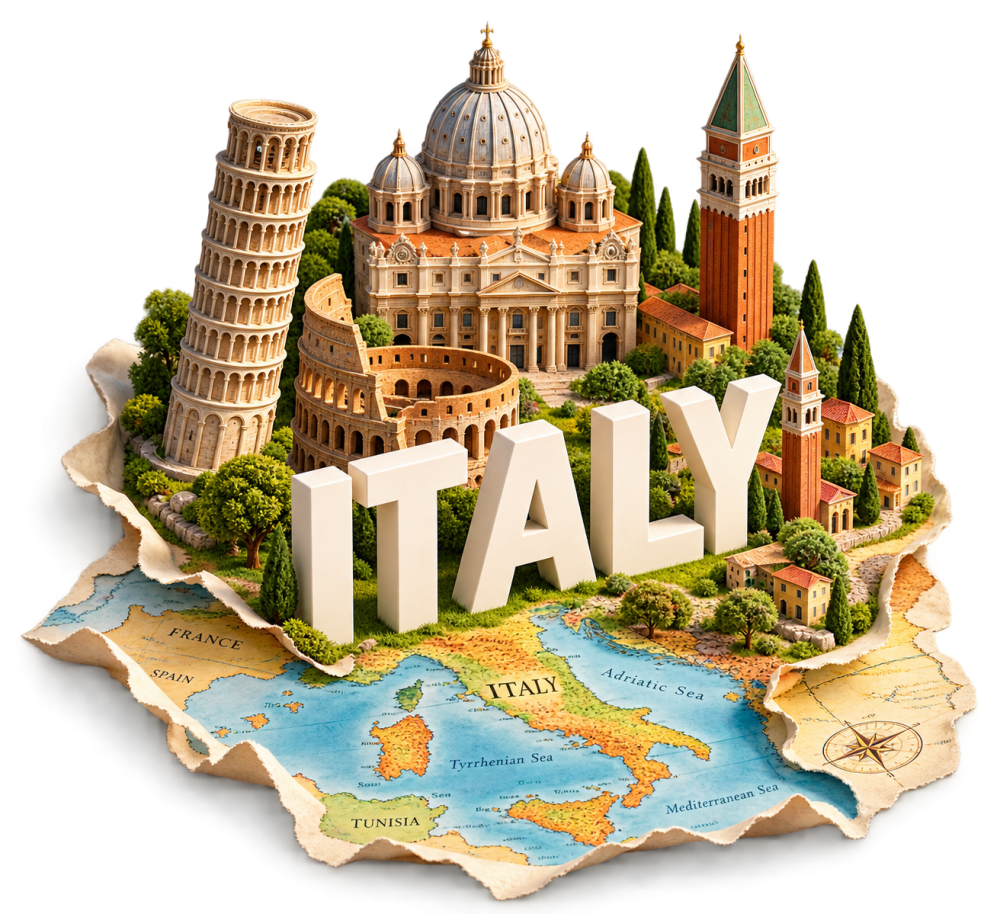 Italy Travel 3D Miniature Diorama with Famous Landmarks PNG