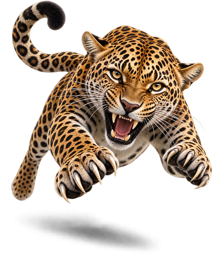 Leaping Snarling Leopard with Claws