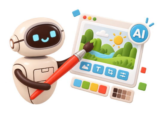 AI Graphic Design Robot with Digital Painting, 3d style, for ai-illustration, free illustration