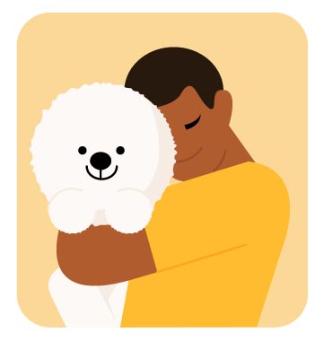 Man Hugging Fluffy Dog Illustration, flat style, for pets-animals, free illustration