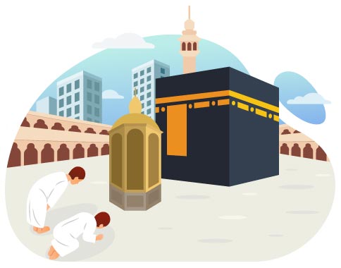 Muslim Pilgrims Praying at the Kaaba, flat style, for travel-lifestyle, free illustration