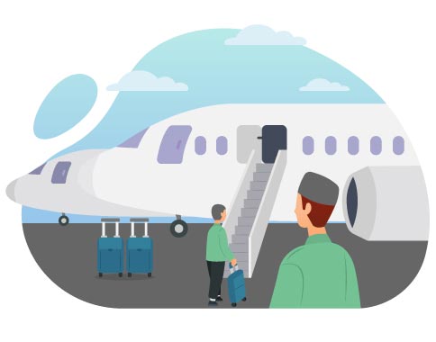 Pilgrims Departing by Airplane After Hajj, flat style, for travel-lifestyle, free illustration