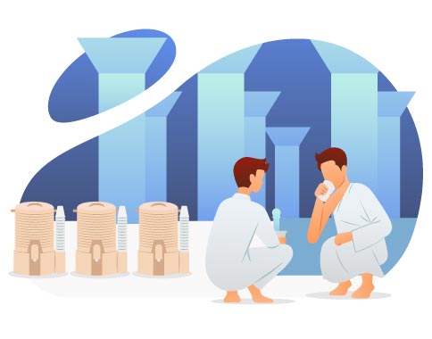 Pilgrims Exploring Holy Sites During Hajj, flat style, for travel-lifestyle, free illustration