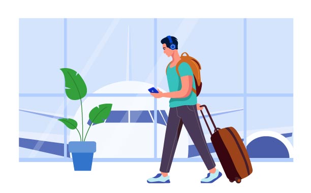 Traveler Walking with Luggage at Airport Illustration, flat style, for travel-lifestyle, free illustration
