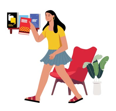 Woman Browsing Books in a Home Illustration, flat style, for education, free illustration